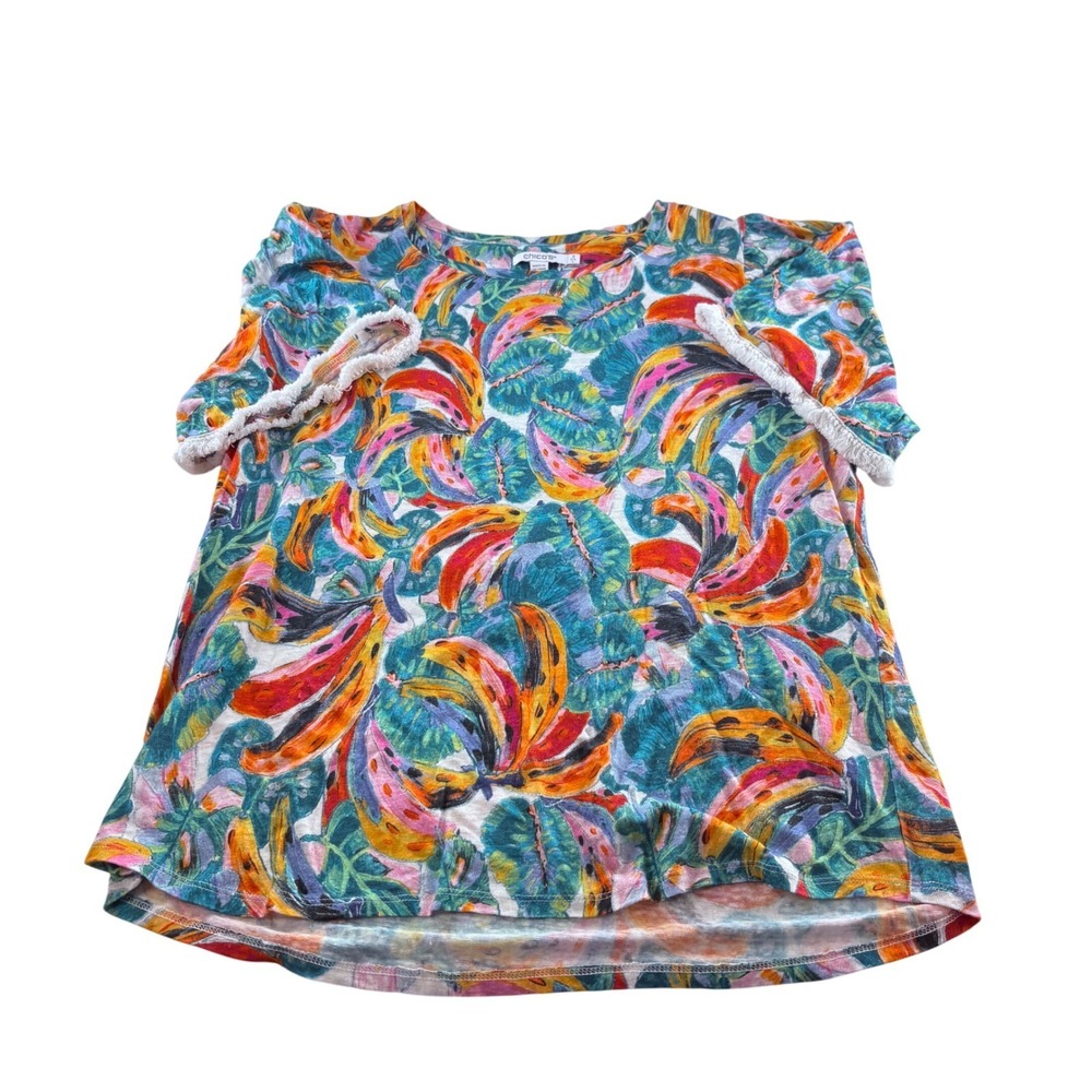 Chicos 100% Linen Tropical Banana Leaf Print Fringe Sleeve Top Multicolor Size 2